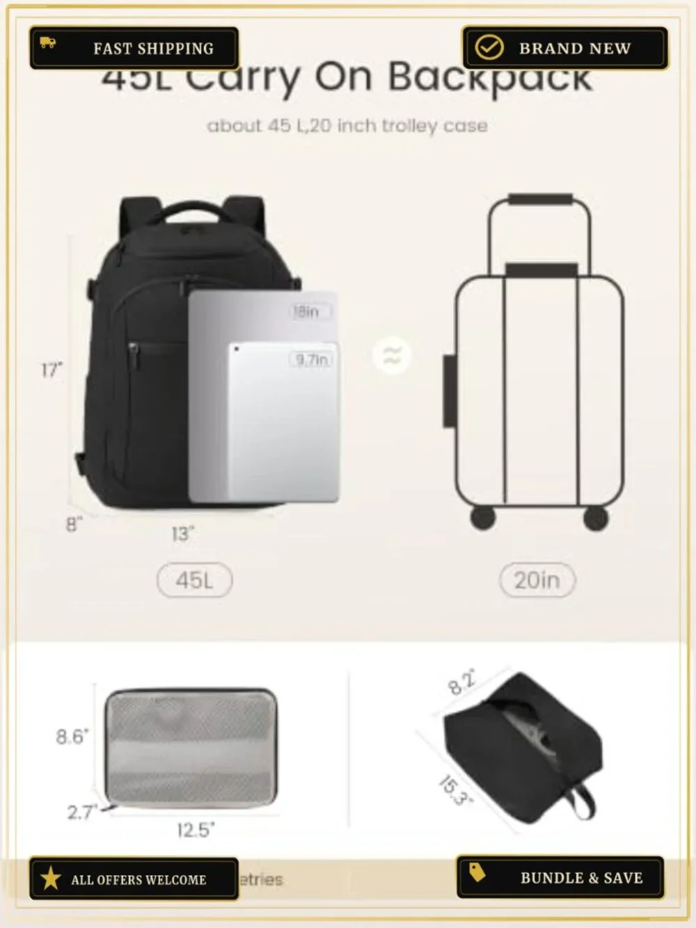 40L Travel Laptop Backpack Airline Approved with Packing Cubes for Business